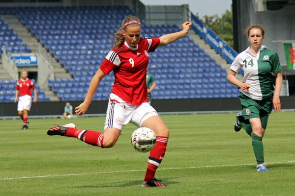 Nicoline Sørensen i EM-kval-kampen forleden mod Wales, hvor Nicoline scorede målet til 2-0.
