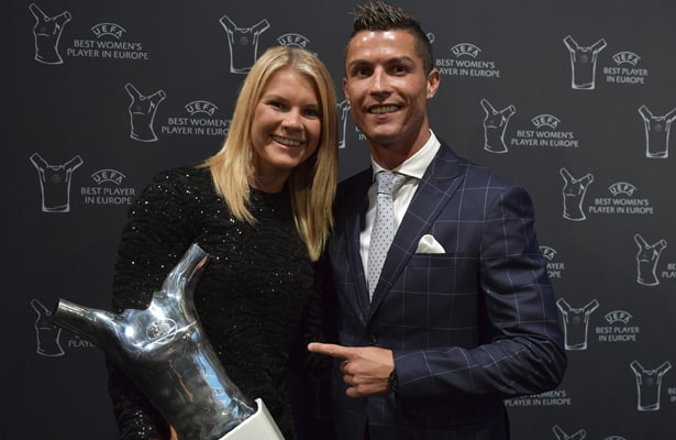 Europas to bedste i sæsonen 2015-2016: Ada Hegerberg, Olympique Lyonnais, og Christiano Ronaldo, Real Madrid. Foto: Harold Cunningham, UEFA/ Getty Images